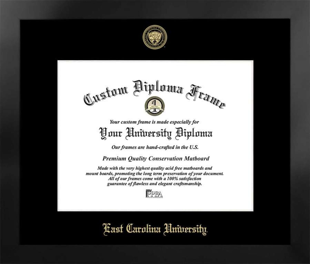 East Carolina University 10.75w x 8.25h Manhattan Black Single Mat Gold Embossed Diploma Frame with Bonus Campus Images Lithograph (value savings at $59)